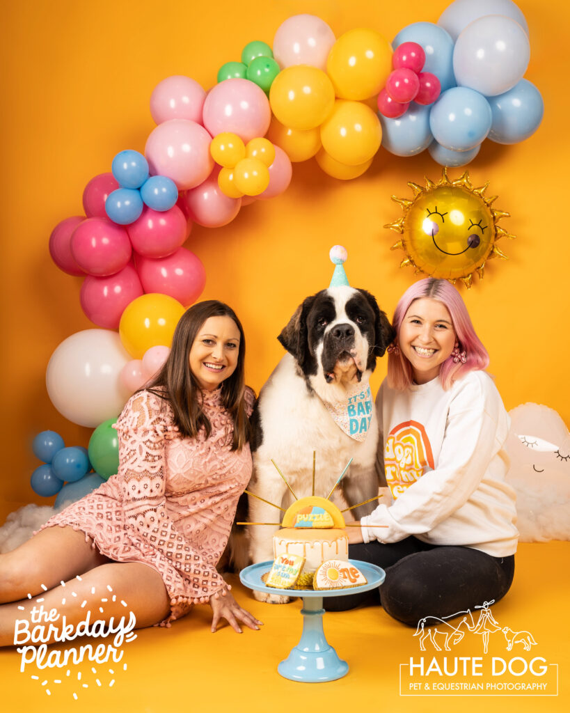 Portrait on a yellow background of Robyn from Haute Dog Pet Photography and Amanda from The Barkday Planner celebrating a Saint Bernard's birthday with a balloon arch and cake.
