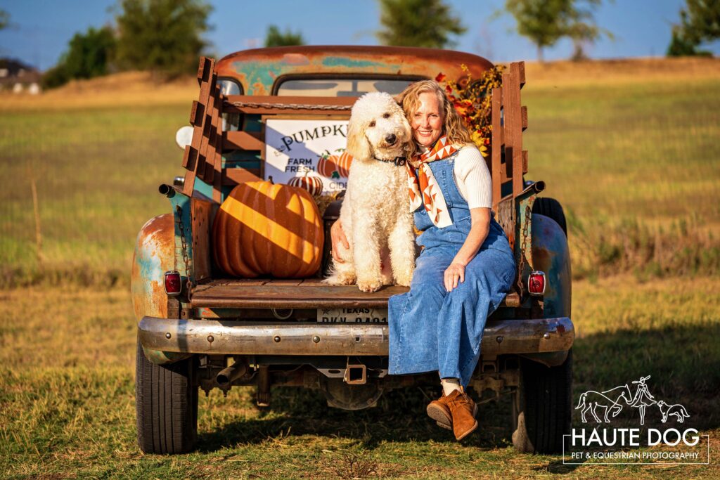A tall white doodle sits in the back of a vintage Chevy truck next to a woman wearing overalls and a fall scarf.