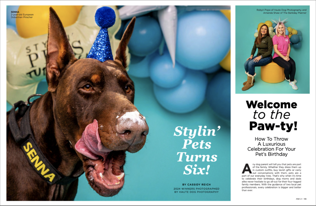 Southlake Style Magazine spread highlighting the collaboration between Haute Dog Pet Photography and The Barkday Planner to bring dog birthday parties to Dallas-Fort Worth.