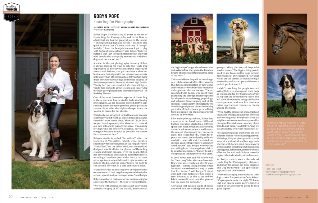 2-page magazine spread highlighting Haute Dog Pet Photography as an industry leader in Living Magazine.