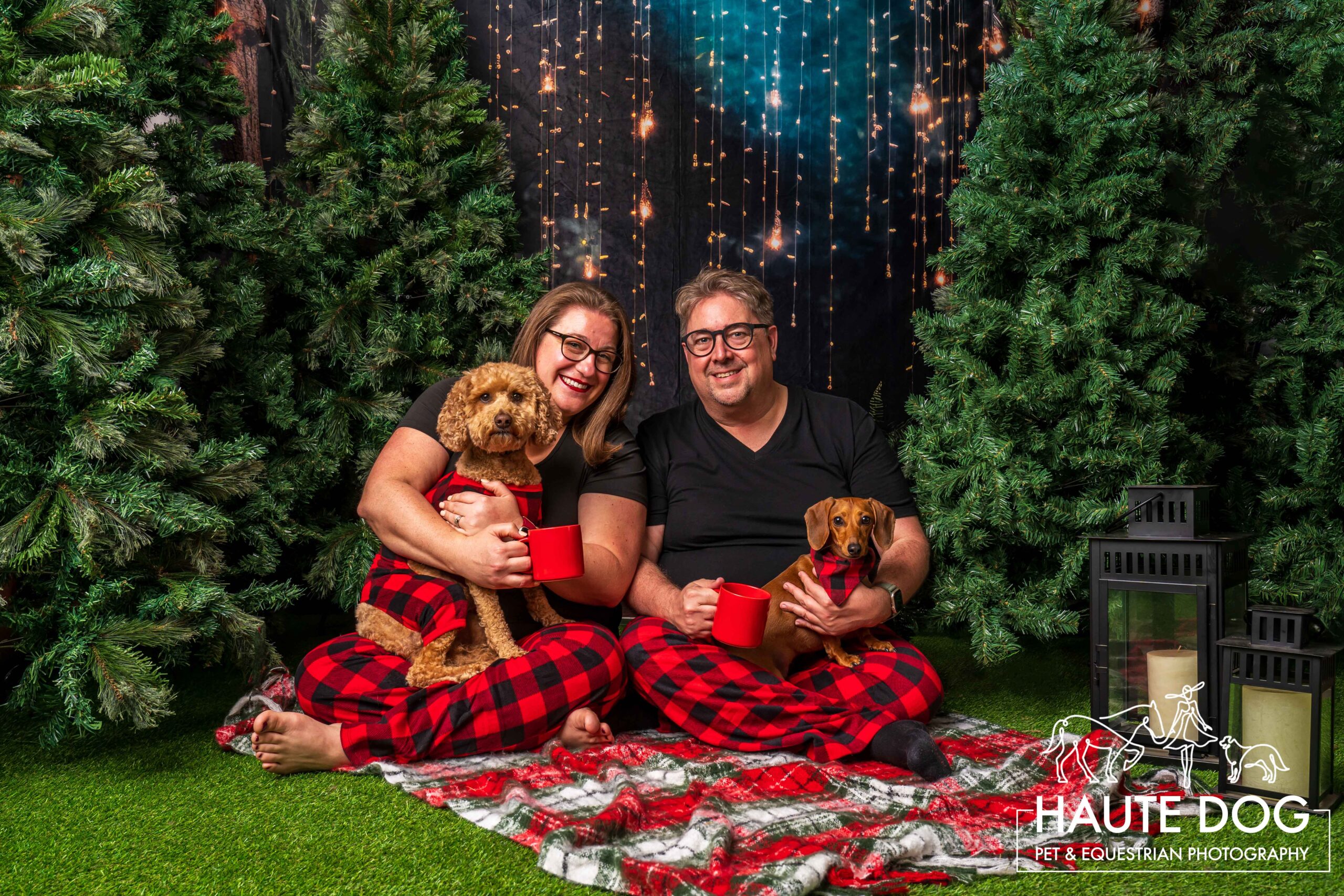 Couple wearing buffalo plaid pajamas snuggle with their dogs holding pup cups at a Christmas mini session.