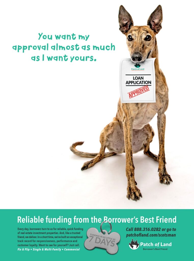 Greyhound sitting on a white backdrop holds a funding approval letter in his mouth.